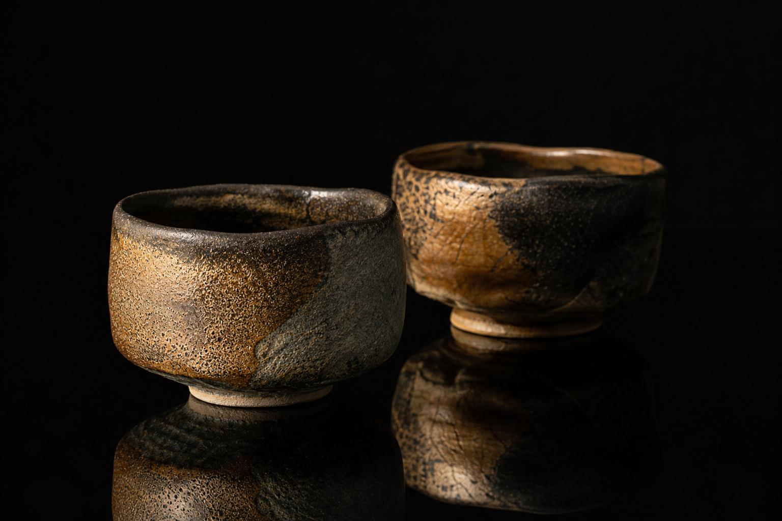 暗夜を背景に光を受ける手びねりの茶碗